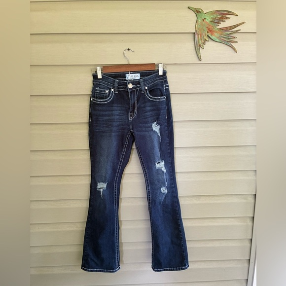 Y JEANS Los Angeles Y2K denim low rise flare distressed bling pockets cross 3/4 - Picture 15 of 15